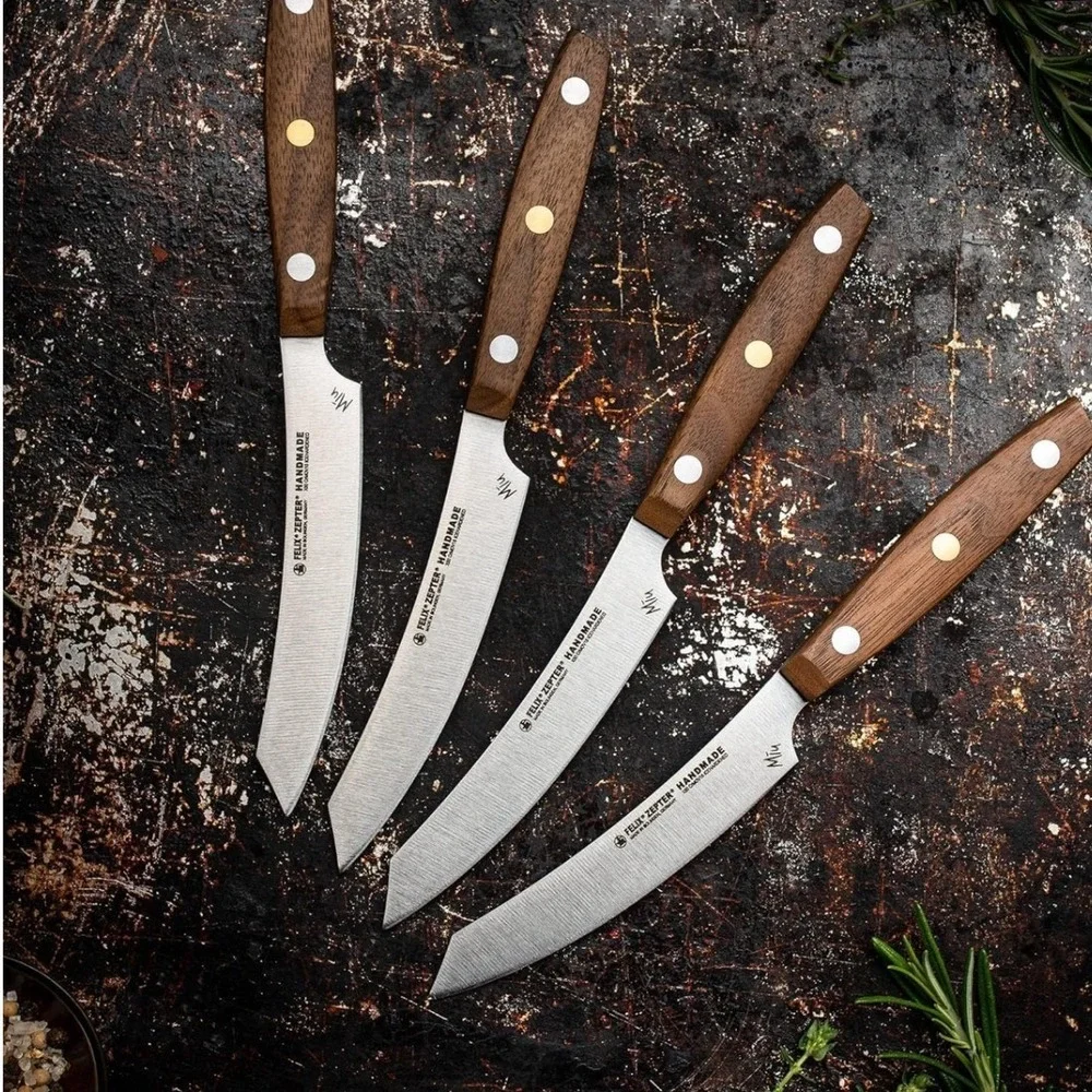 Felix Solingen Miu Steak Knife Set 4pc Walnut Wood Brass Handmade Germany 224604